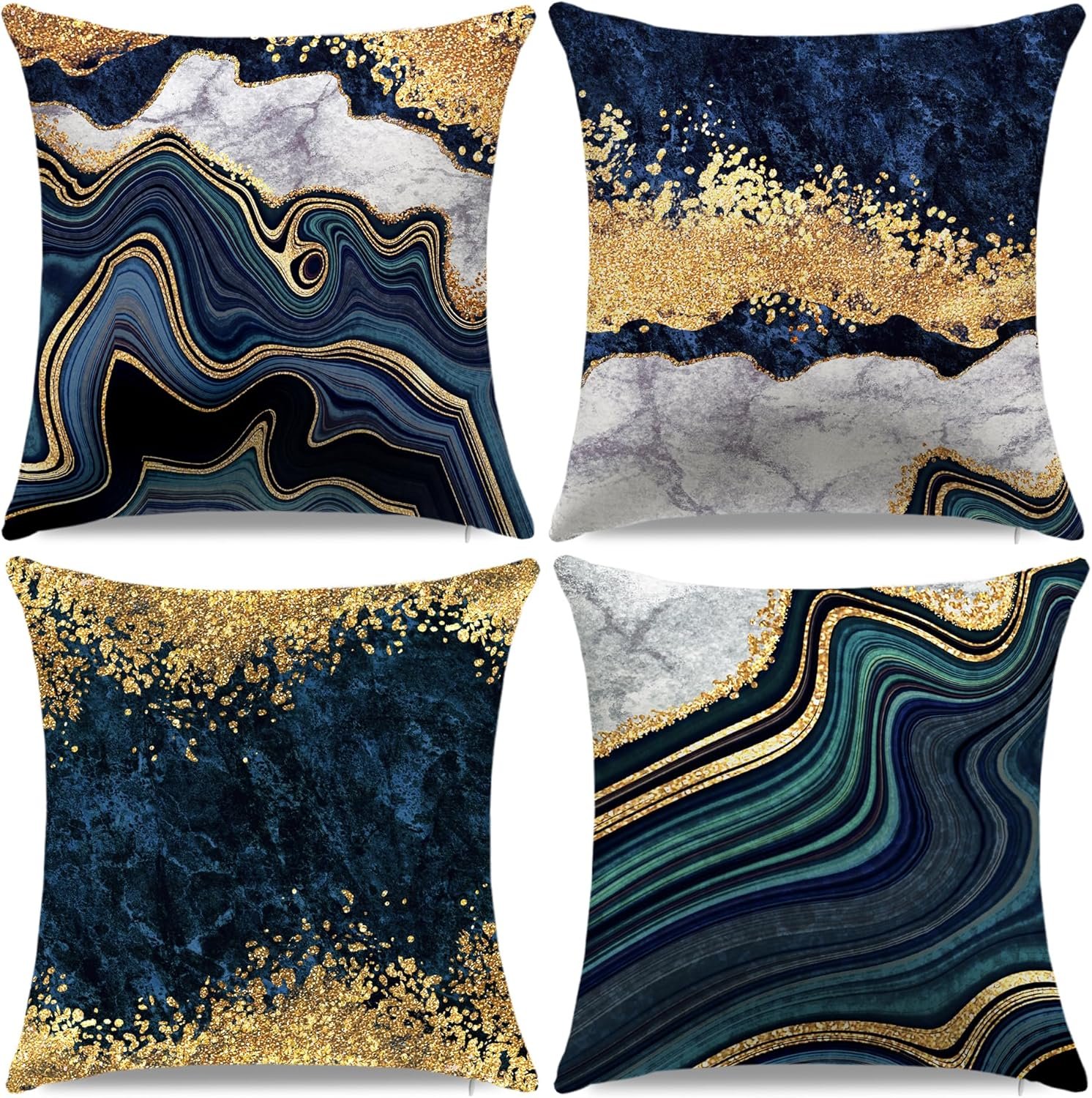 Blue Throw Pillow Covers 18x18inch, Set of 4 Decorative Soft Accent Pillows Covers, Blue and Gold Square Cushion Covers for Living Room Decor Sofa Couch Pillow Cases