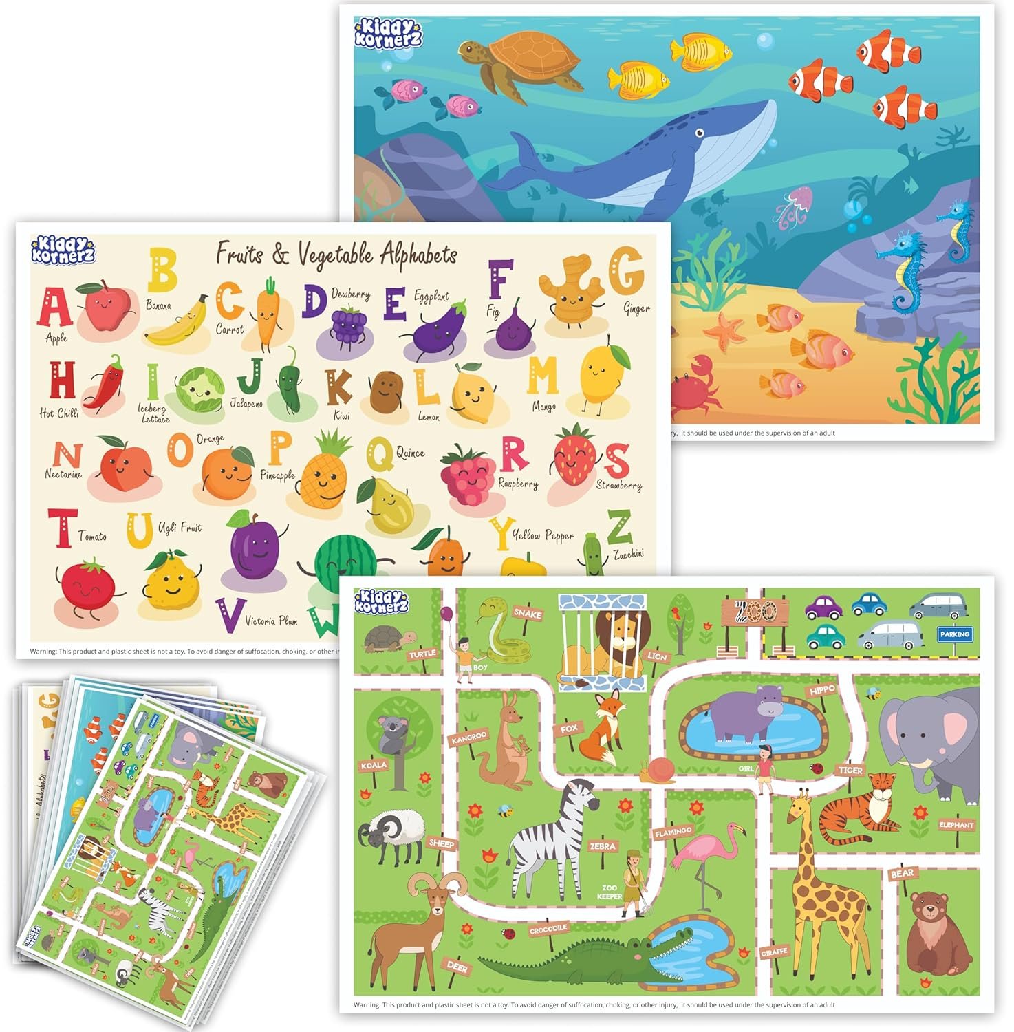 40 Pack Waterproof Disposable Placemats for Baby, Place mats for Kids, Toddler – Kids Placemats for Dining Table Tyke, Restaurants, and Travel (Aquarium, Alphabet and Zoo Theme)