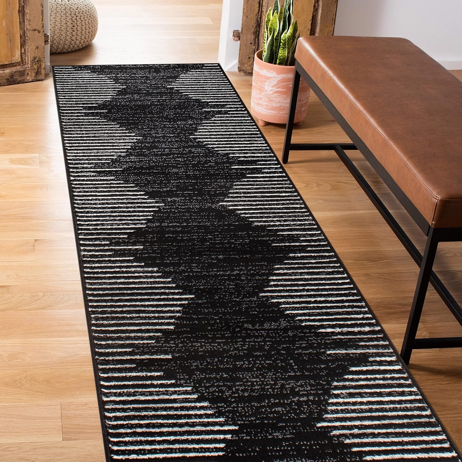 Rugshop Bohemian Stripe Stain Resistant Carpet High Traffic for Hallway Entryway Living Room Kitchen Bedroom Laundry Runner Rug 2′ x 7′ Black