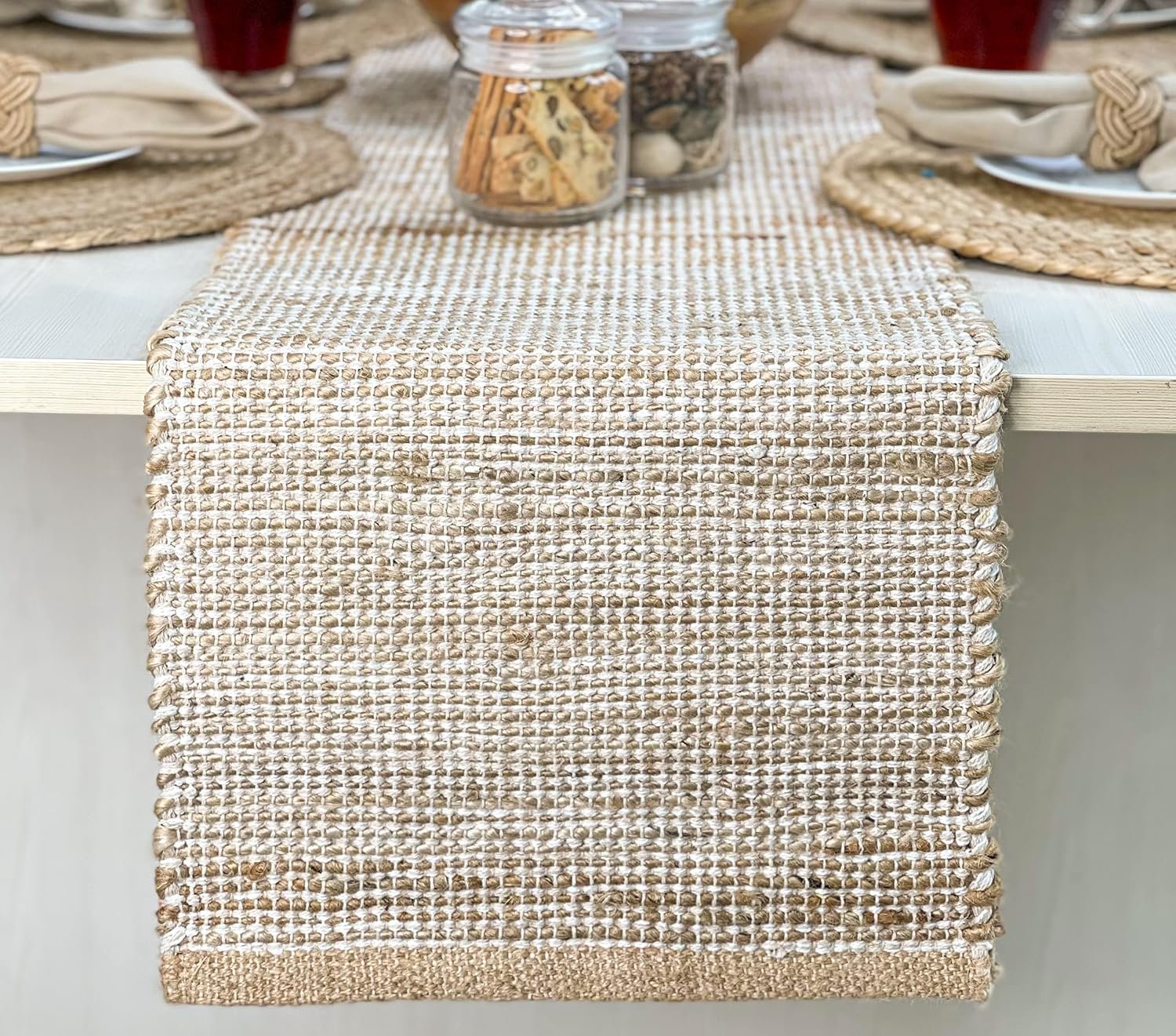 Chardin home Natural Jute Table Runner 13×72 Inch – Vintage Boho Rustic Table Decor – Handwoven Table Runner in Natural Jute and Ivory – Farmhouse Dining or Console Table Accent