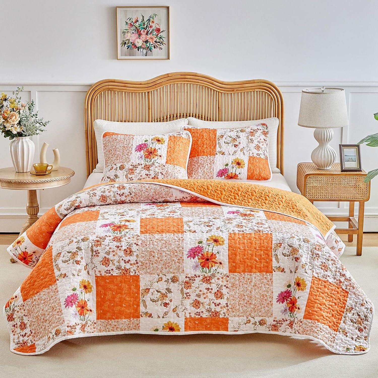 Joyreap 3 Pieces Floral Patchwork Quilt Set Queen, Orange n White Flowers Design, Smooth Soft Microfiber Quilt, Bedspread Bed Cover for All Season- 90×90 inches