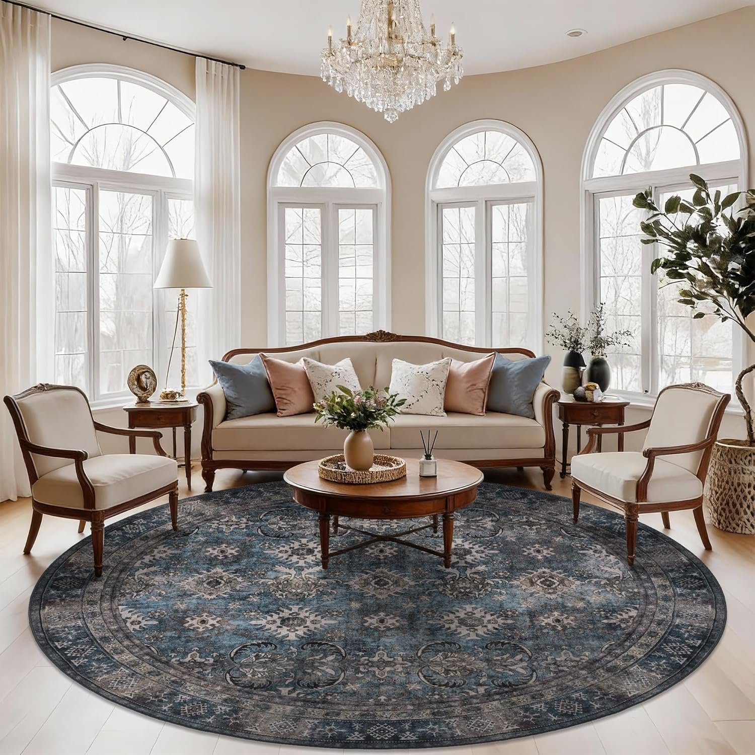 8ft Round Rug for Living Room: Large Blue Vintage Washable Rugs for Living Room Dining Room Bedroom – Soft Easy Clean Kid & Pet-Friendly Non-Slip Carpet – Oriental Home Decor Dark Navy
