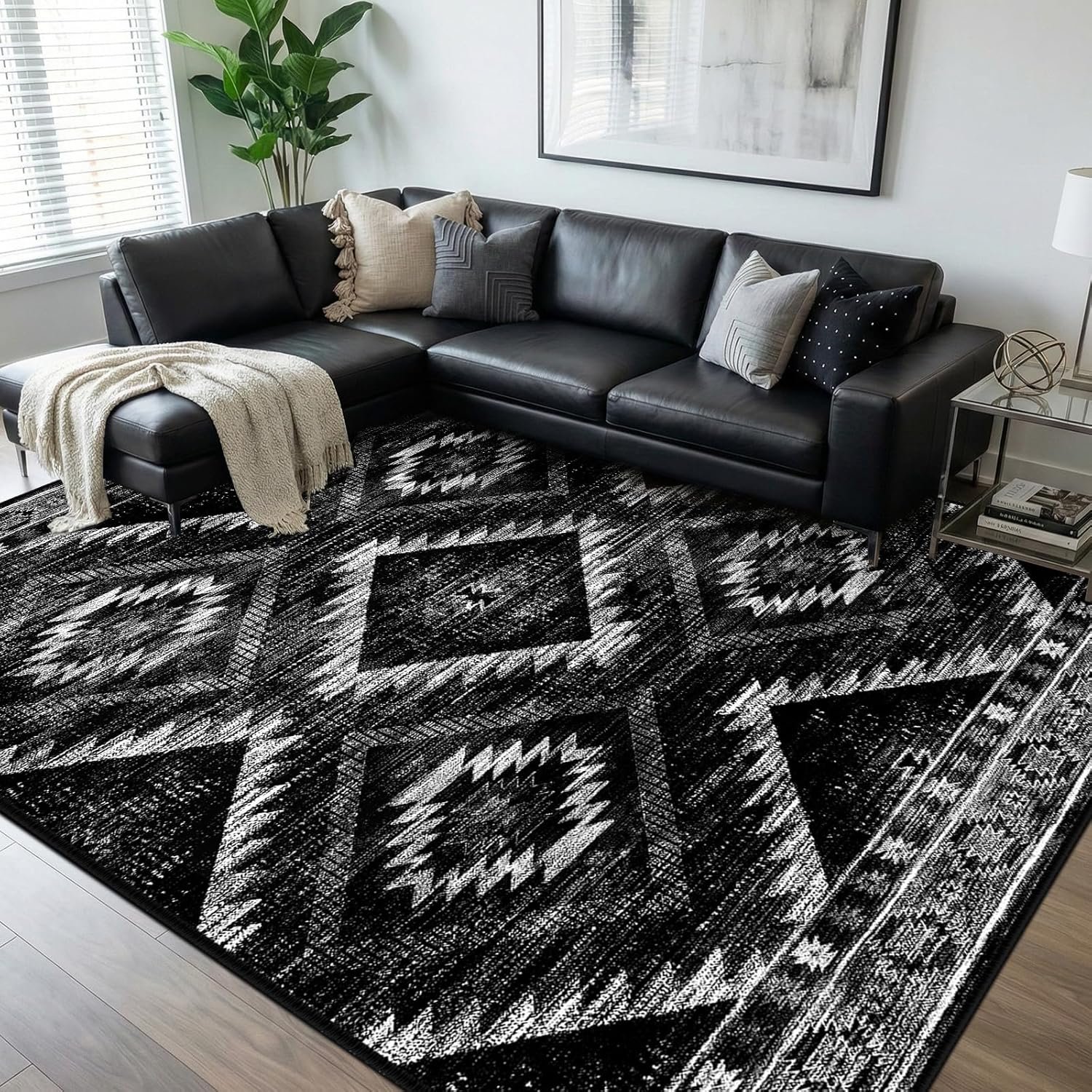 BESTSWEETIE Area Rug 8×10 Rug Machine Washable Non-Slip Low Pile Print Pattern Western Rug for Living Room Bedroom Entryway Tribal Series -Black