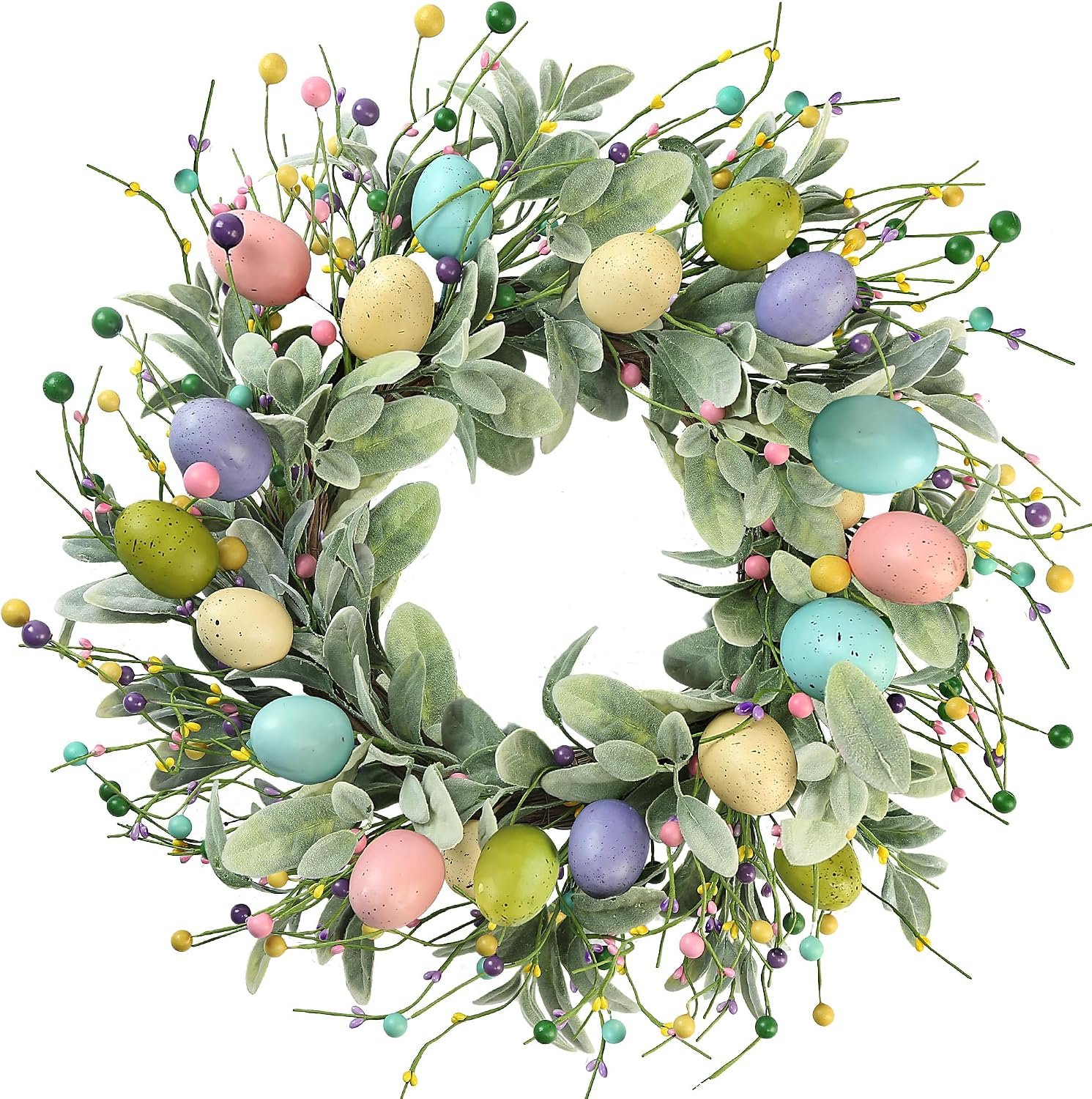 Sggvecsy 20 Inch Artificial Easter Wreath Spring Wreath with Colorful Eggs Berries Flocked Lambs Ear Leaves for Front Door Easter Summer Farmhouse Holiday Wall Home Window Decor