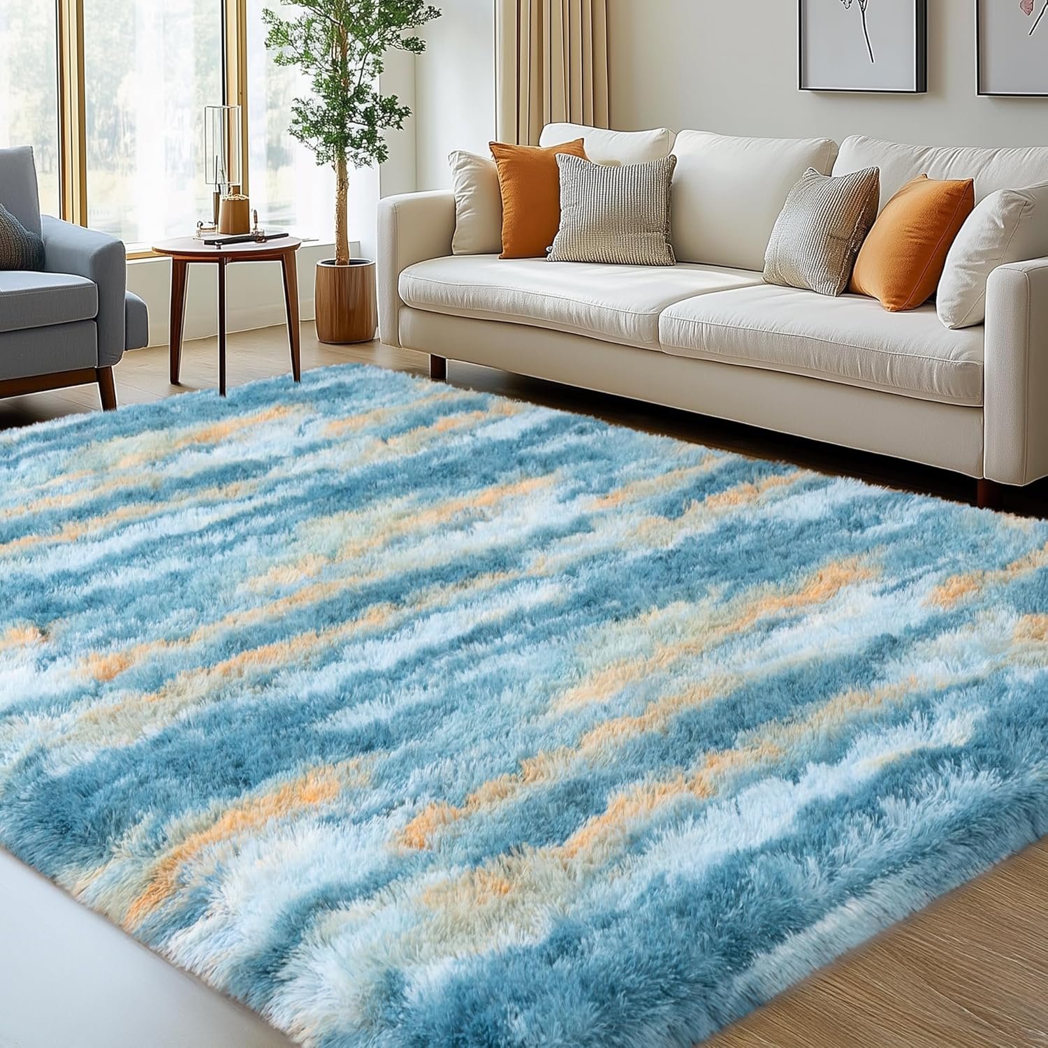 Shag Rugs for Living Room 8×10, Ultra Soft Fluffy Abstract Blue Yellow Fuzzy Rugs for Bedroom Boys Girls Kids Dorm, Non-Slip Indoor Plush Shaggy Large Carpet