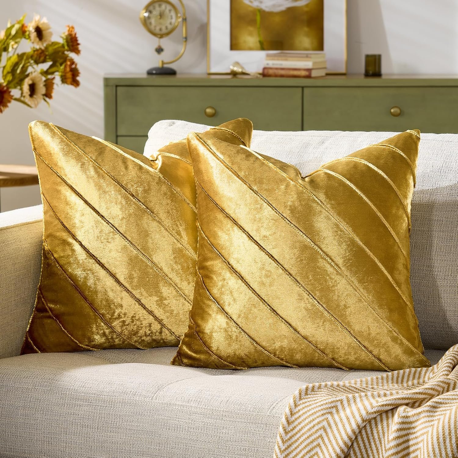 GIGIZAZA Decorative Velvet Pillow Covers 18×18, Set of 2 Gold Sofa Couch Throw Pillows Covers Cases, Living Room Square Cushion Accent Stripe Covers