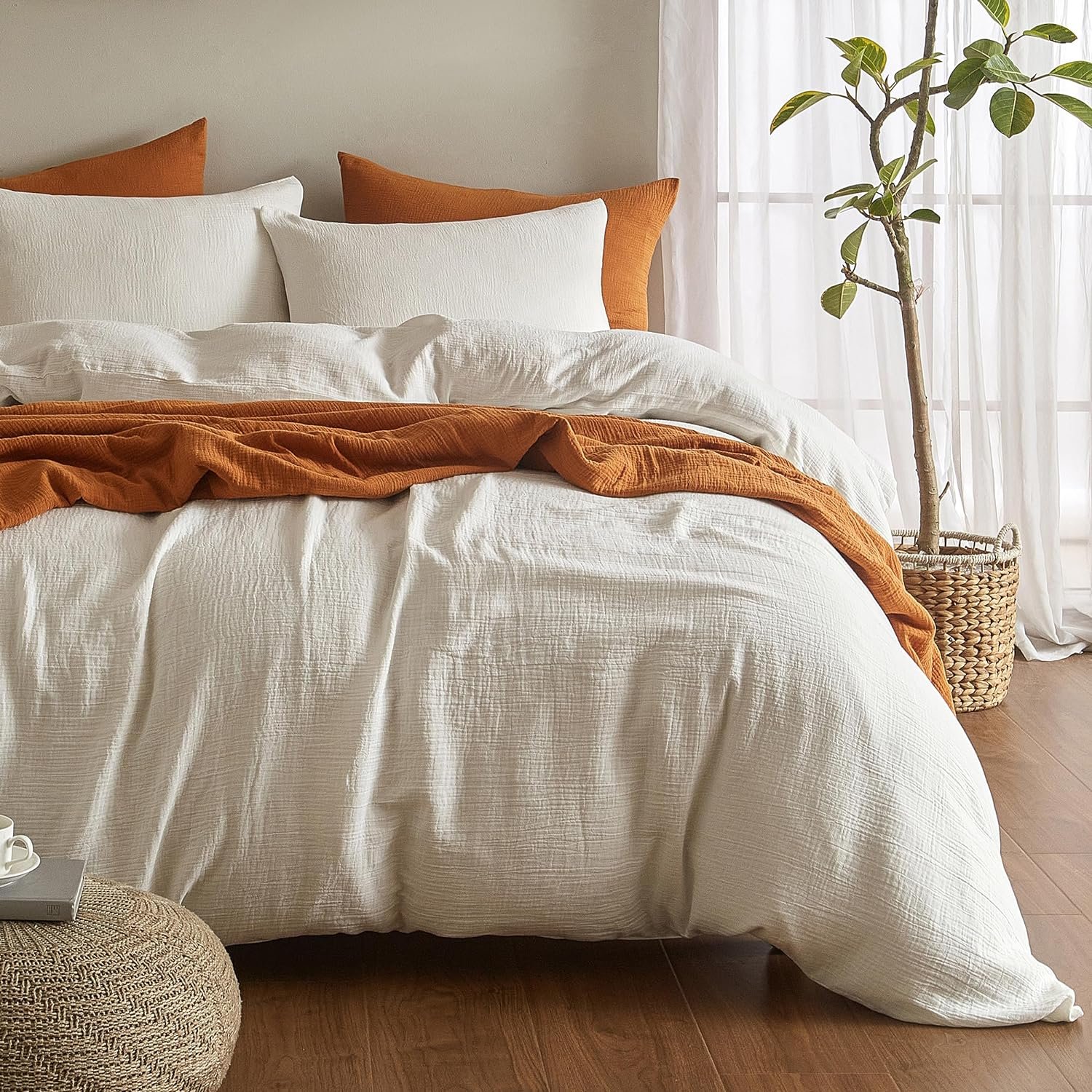 SE SOFTEXLY Muslin Duvet Cover King Size, 100% Washed Cotton Duvet Cover Set, Ultra Soft Comforter Cover Linen Like, 3 Pieces Minimalist Gauze Duvet Cover with 2 Pillowcases, 90″x104″, White