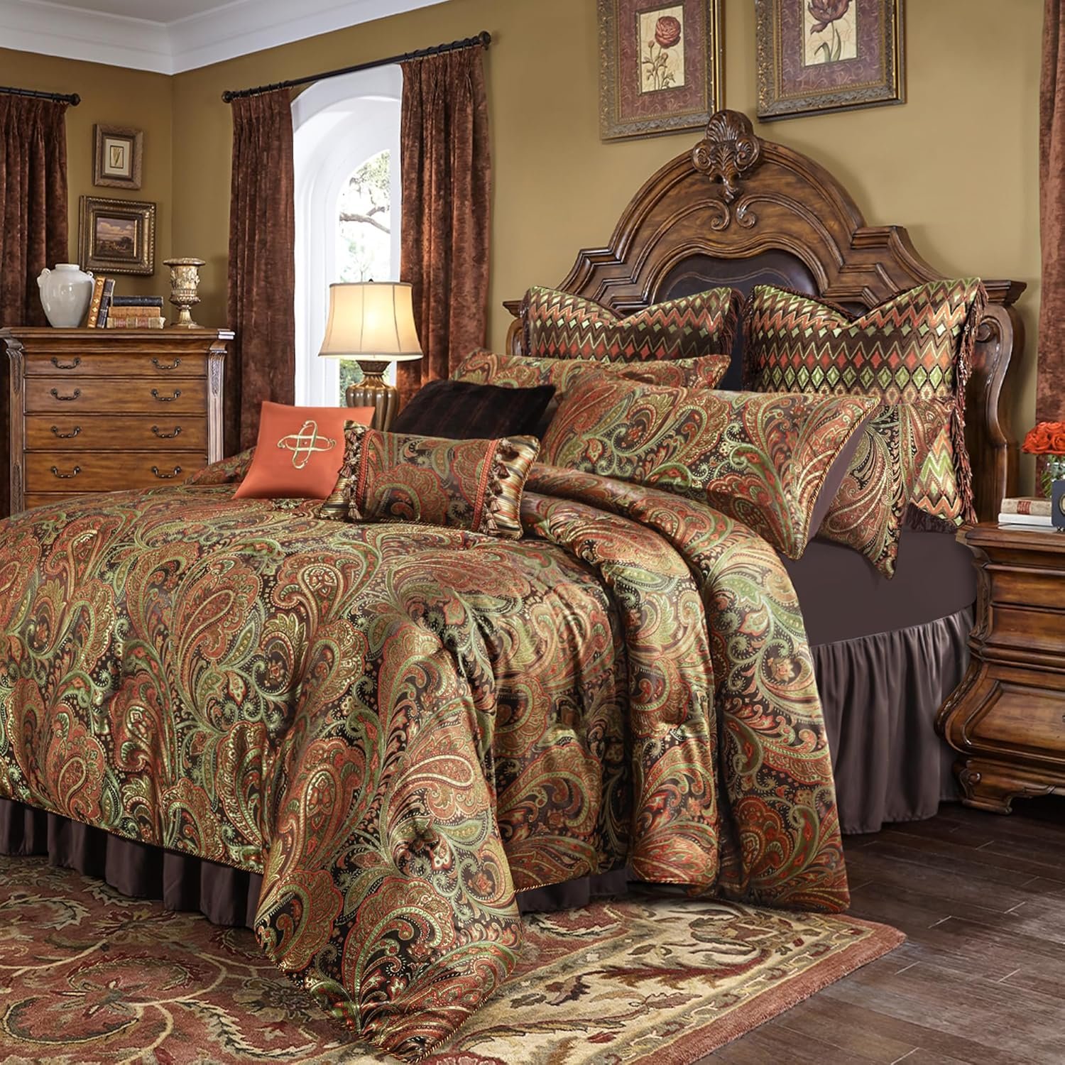 Loom and Mill 9-Piece Jacquard Comforter Sets King, Classic Paisley Design Bed in a Bag, Luxury Vintage Damask Bedding Set with Euro Shams, Bedskirt, Filled Decorative Pillow for Home(King)