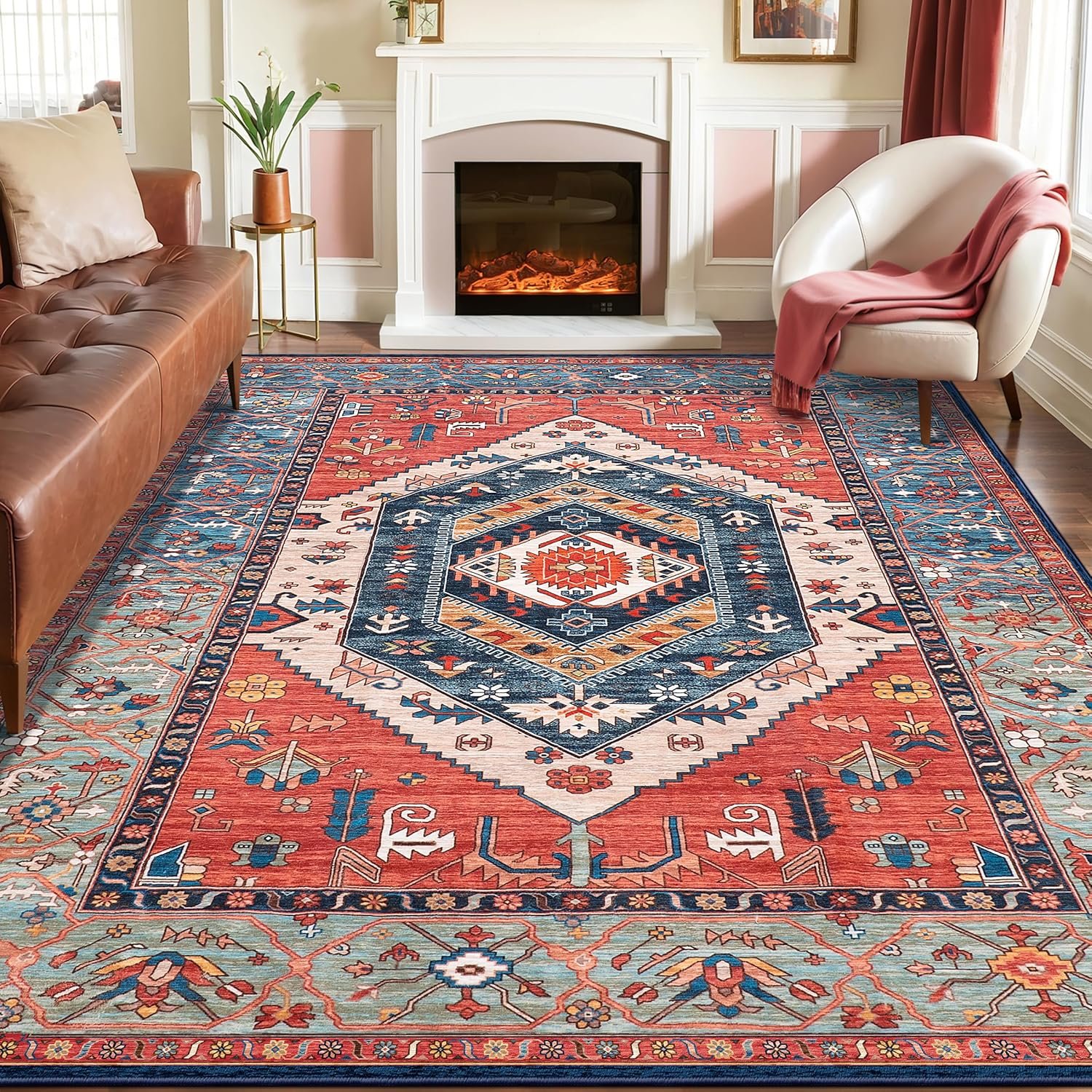SERISSA Washable Rugs 8×10 Area Rugs, Large Non-Slip Boho Living Room Rust Rug, Ultra Soft Vintage Print Distressed Oriental Tribal Farmhouse Carpet for Dining Room Bedroom Dorm Office Home Decor