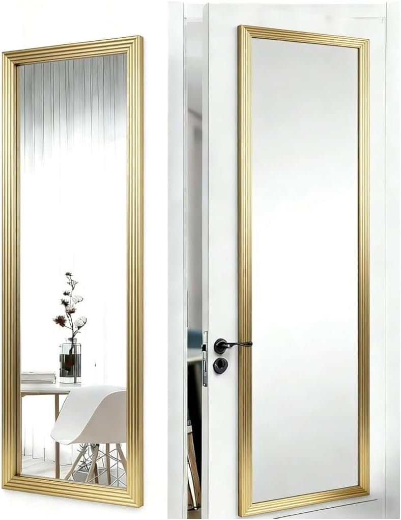 Over Door Full Length Mirror, 13.5×49.5 Inch Rectangular Hanging Mirror with Frame for Wall & Door, Includes Anti-Tip Hardware, Perfect for Bedroom, Closet, Entryway, Bathroom, Dorm (Gold)
