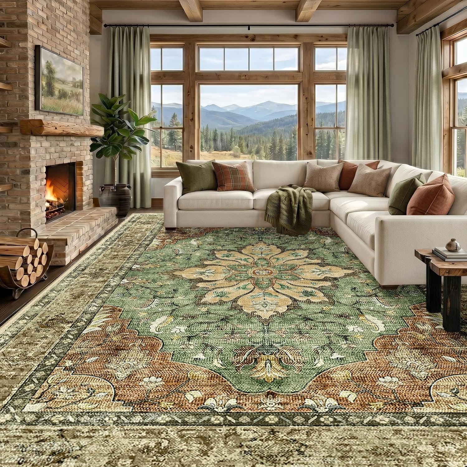 RELEANY Area Rugs Large 10’x14′ Washable Non-Slip, Floral Vintage Distress Medallion Carpet for Living Room Bedroom Dining Room, Terracotta Burnt Orange Green