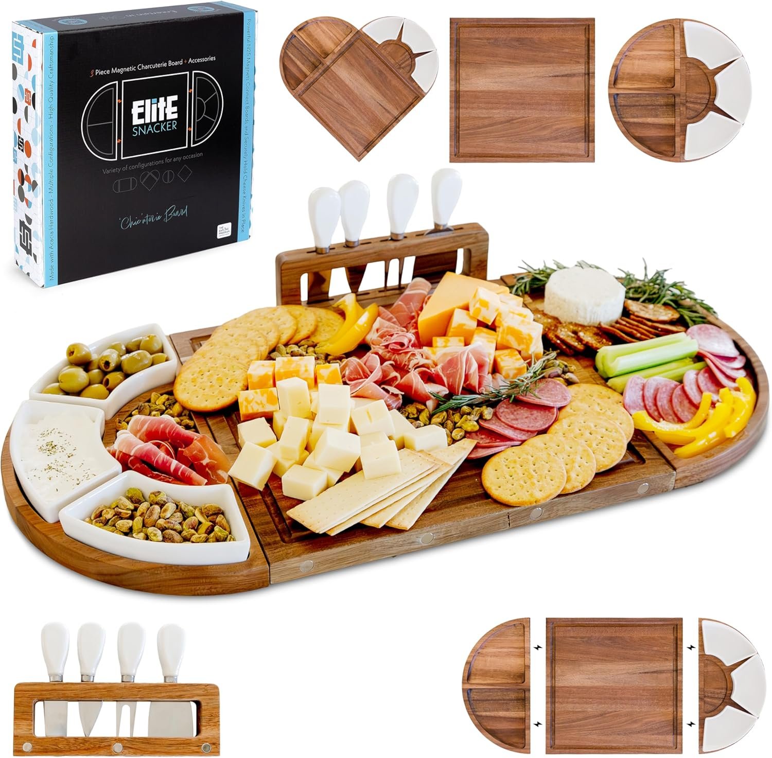 Large Wooden Charcuterie Board Set (Oil Finish) – 3-Piece Magnetic Long Serving Board Tray with Charcuterie Accessories – Acacia Wood Cheese Platter with Cheese Knife Set & Ceramic Dishes – Brown | Magnetic 3-Piece Acacia Wood Design, Reshapes Circle Square Heart, Expands 13 to 26 In, 4 Knives, 3 Dishes, Rich Oiled Grain