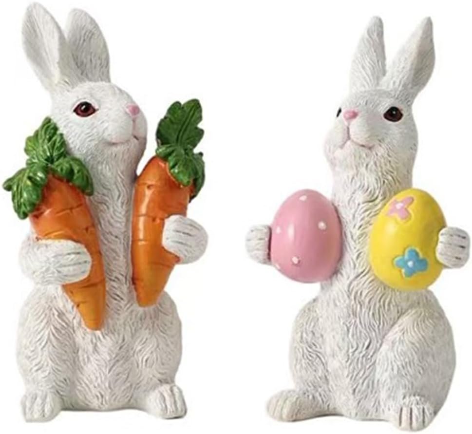 Easter decorations – Easter Bunny decorations -Resin rabbits With carrot and eggs -Bunny statues for indoor tabletop decor,Adorable rabbit figurines for easter table decor,Home,office,gifts