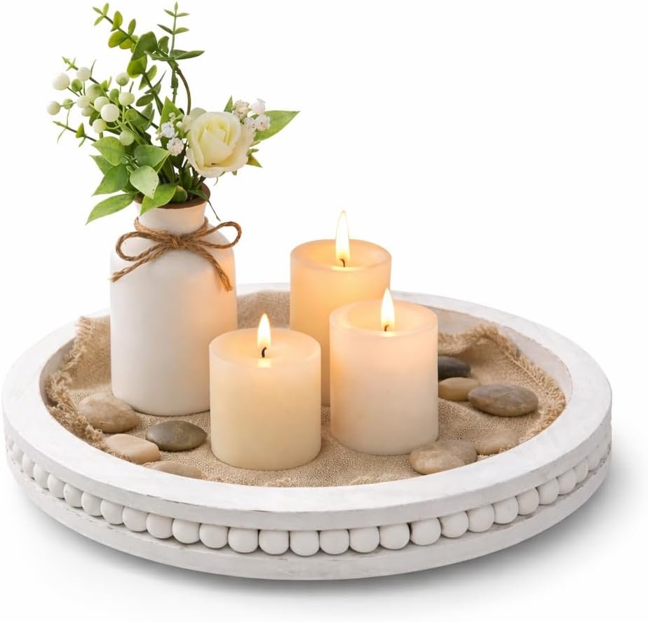 RayNab Farmhouse Round Wooden Beaded Tray – 12″ Whitewashed Rustic Decorative Wood Tray for Coffee Table, Kitchen Centerpiece, Ottoman or Serving Snacks