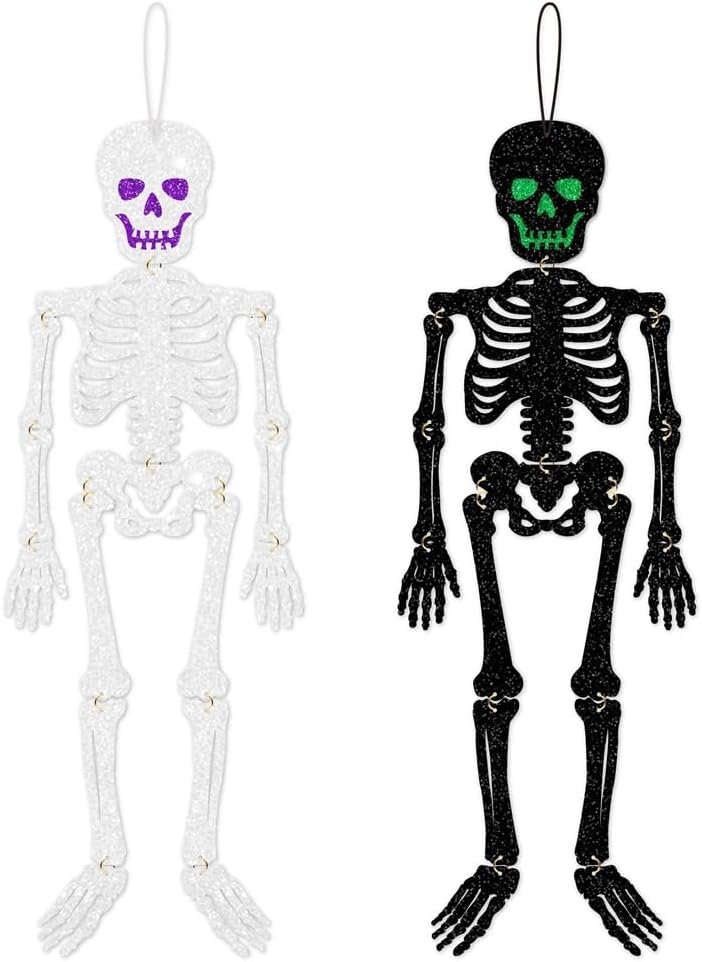 Halloween Glitter Skeleton Decorations, Black and Silver, Posable Joints, 2-Pack, Full Body Posable Skeleton Paper Bones Movable Joints for Halloween Party Yard Haunted House Indoor Outdoor Decor