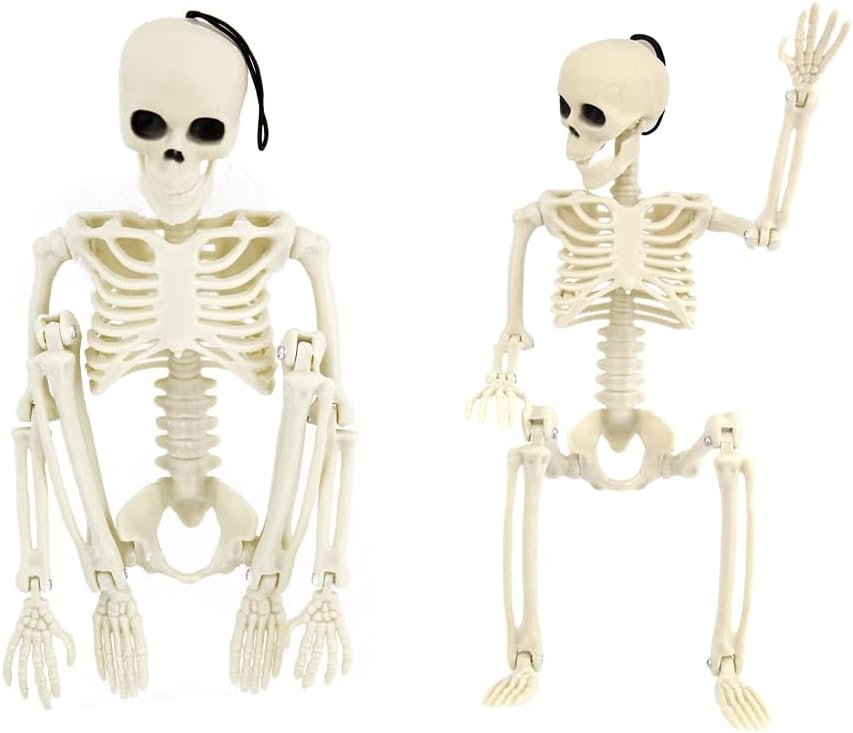 2 PCS -15.7” Halloween Skeleton Decor – Full Body Posable Skeletons with Stayable Movable Joints, Hanging Skeletons for Halloween Decoration, Graveyard Haunted House Accessories, Spooky Party Favors