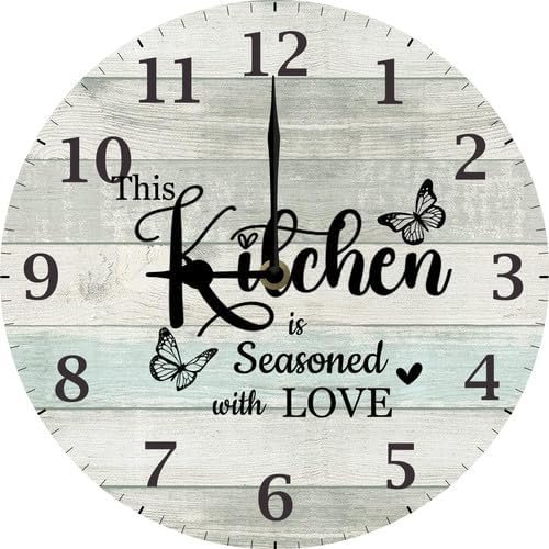 Kitchen Wall Clock, This Kitchen is Seasoned with Love Wooden Clocks, Meals Decor Gift, Farmhouse 10 Inch Silent Battery Operated for Dining Room Bar Non Ticking Easy to Read