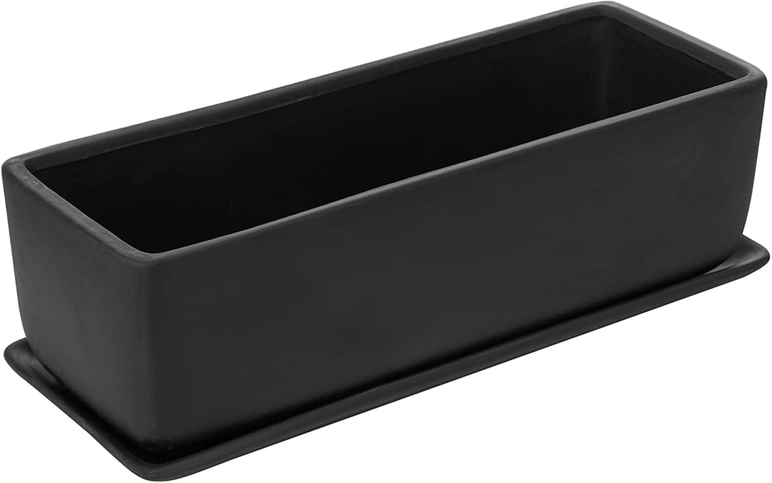 MyGift 14 Inch Ceramic Indoor Plant Pot, Rectangular Succulent Planter, Decorative Flower Planter with Drainage Hole and Removable Tray, Matte Black