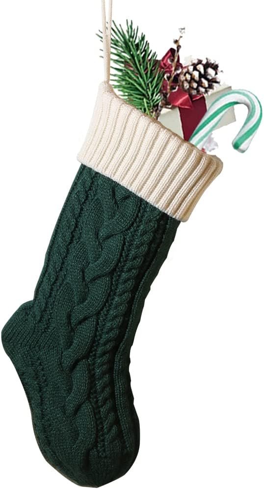 Nanou Christmas Stockings 18″ Knitted Christmas Socks Family Holiday Decorations Great Big Stockings for Gift to Family, Friends and Kids (Green(Body)+Ivory (Mouth), Length 18″,Pack 1)