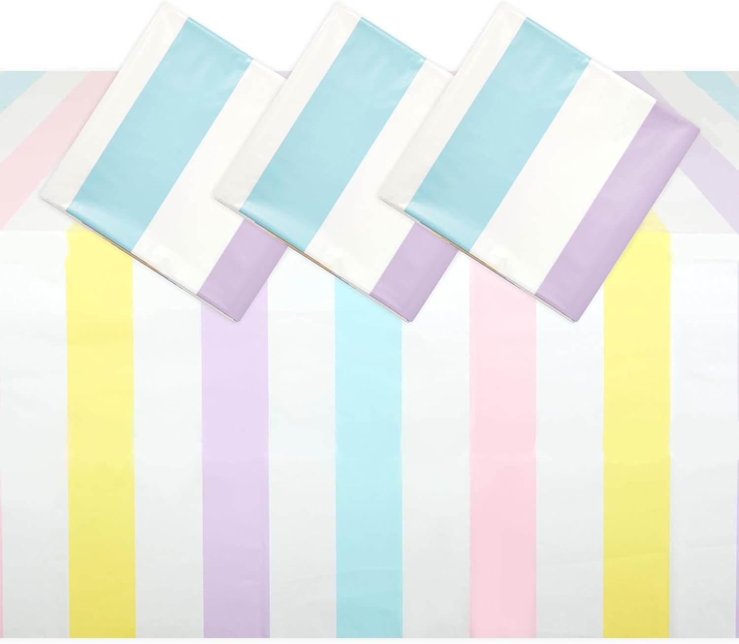BLUE PANDA 3-Pack Pastel Striped Party Tablecloths – 54 x 108 Inch Rectangular – Disposable Plastic Table Covers for Ice Cream Party Decorations & Kids Birthday Photo Backdrop