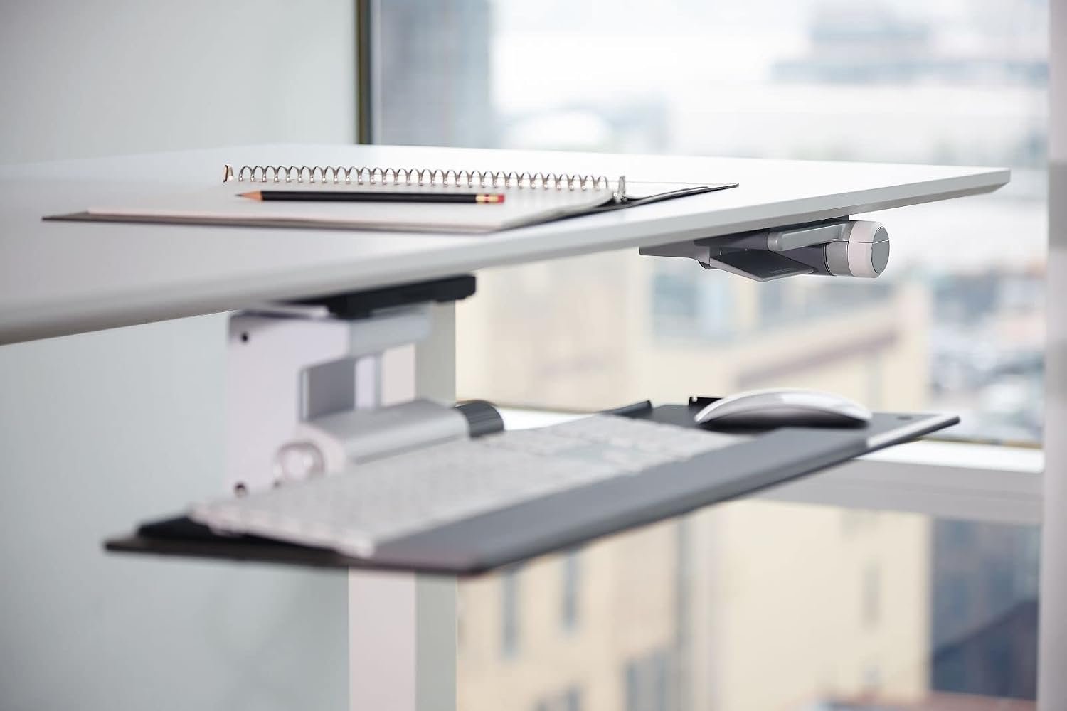 Humanscale Home Office Float Desk l Height-Adjustable Table l White Base on White Top with Flat Edge Finish l 24″ D x 48″ W
