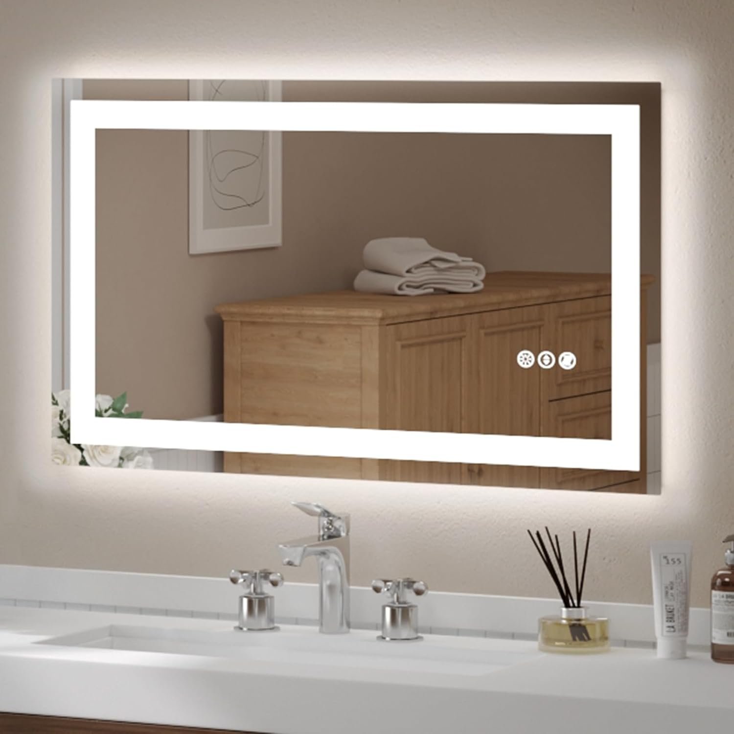 USHOWER LED Bathroom Mirror 40×24 Inch Tempered Glass – Frameless LED Backlit Lighted Mirror for Bathroom Vanity with Anti-Fog, 3 Colors Dimmable, Memory Function, Wall-Mounted