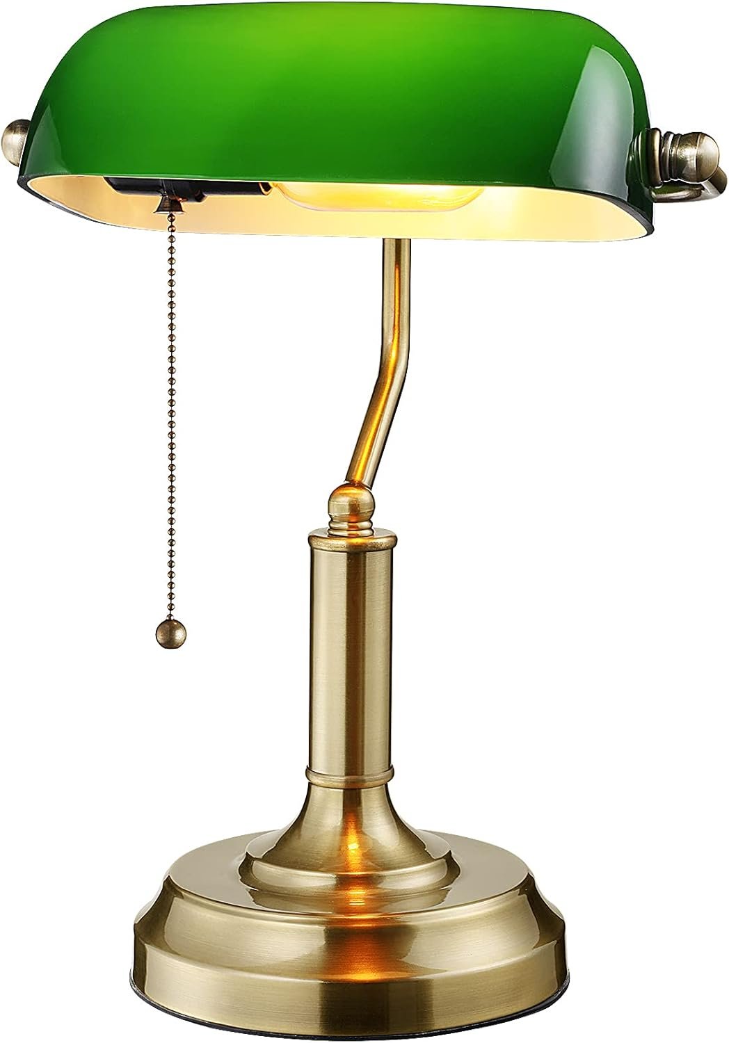 TORCHSTAR Green Glass Bankers Desk Lamp with Pull Chain, E26 Base | Brass Finish Base, Antique Traditional Library Lamp for Office Study Room, Bulbs not Included