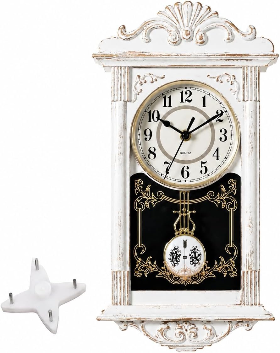 Clockswise Vintage Grandfather-Style Wall Clock with Wood-Effect Plastic Pendulum, Battery-Operated – for Home Decor, Living Room, Home Office, Kitchen or Dining Room (White)