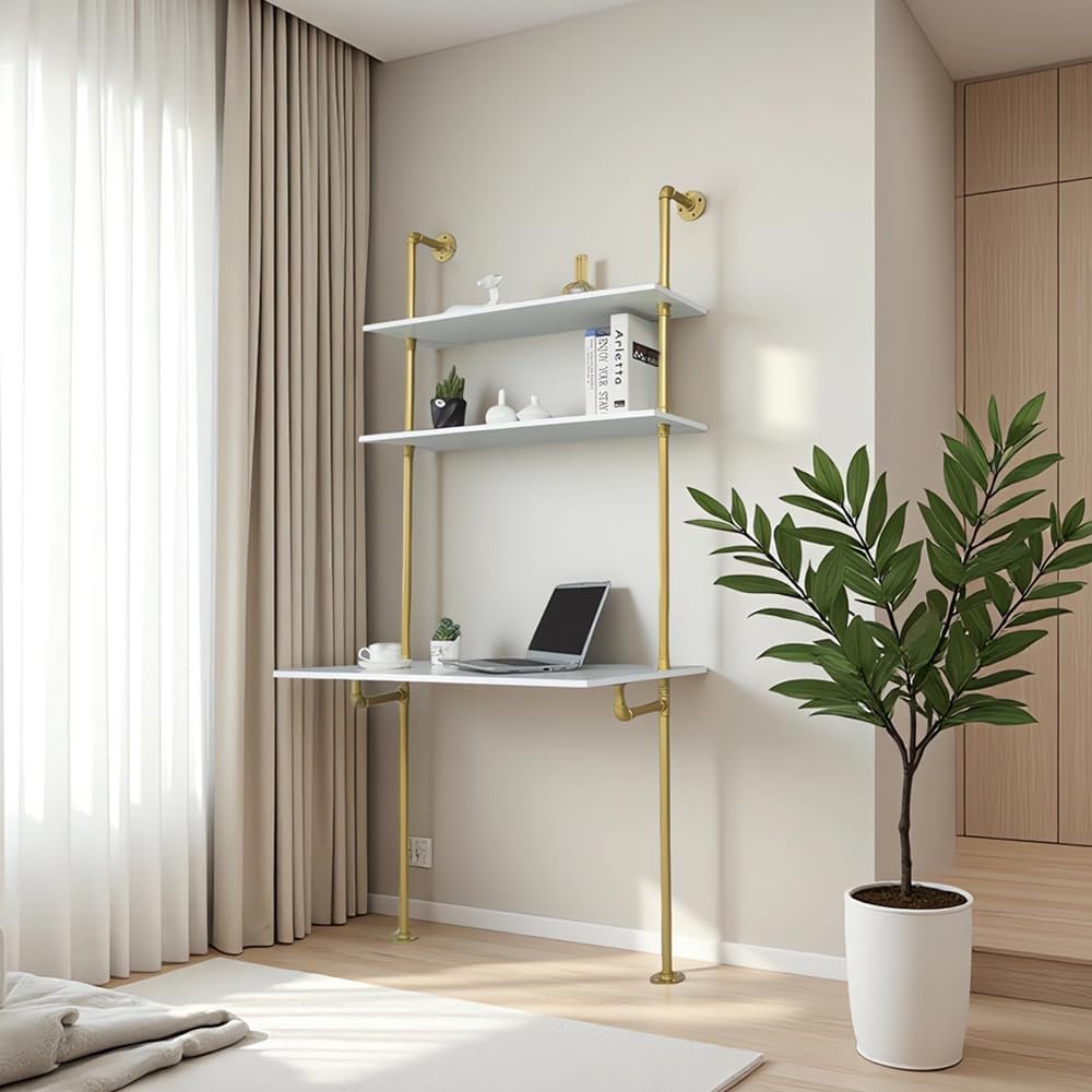 White and Gold Desk, 36″ Ladder Desk, Wall Mount Computer Writing Table Pipe Shelf Shelving Mini Narrow Industrial Modern for Small Spaces(36x20x81)