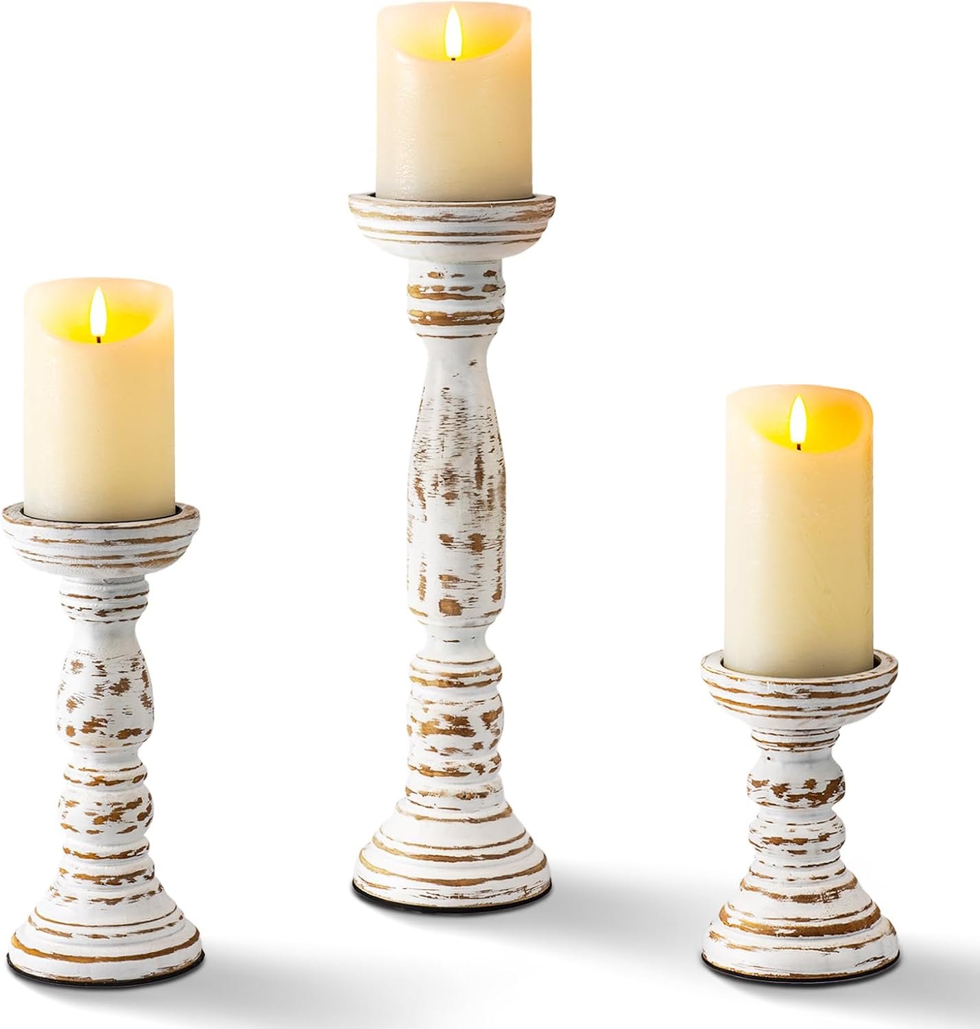 Homemory Farmhouse Wood Candle Holders for Pillar Candles Set of 3, Rustic Candle Holders for Table Centerpiece, 13″ 9″ 6″ Vintage Tall Candle Stand Decorative for Dining Fireplace Living Room (White)