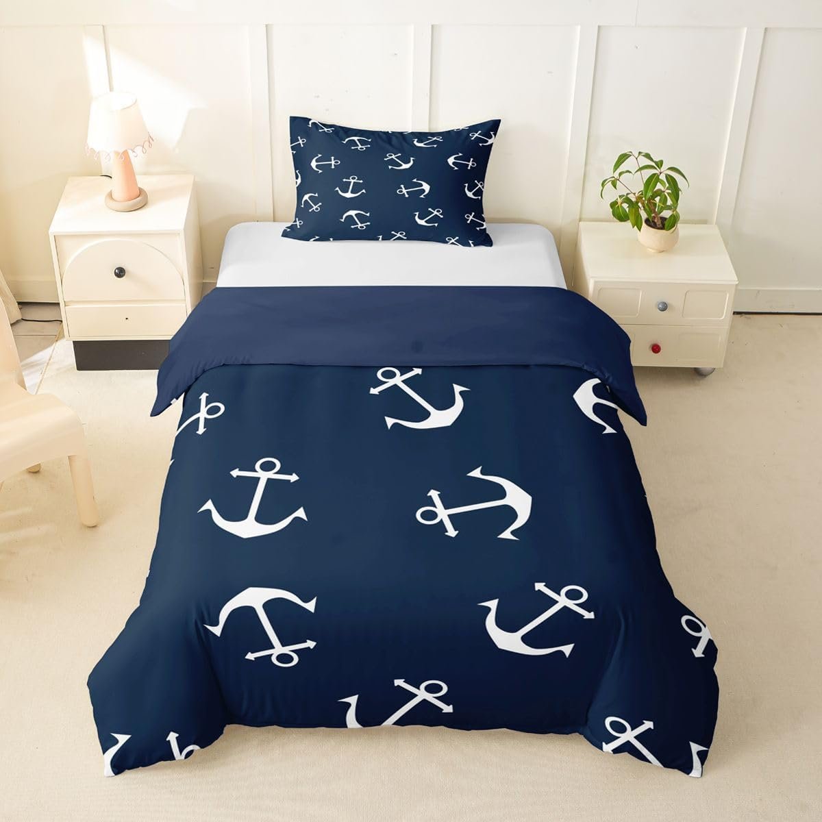 Feelyou Nautical Bedding Set Ocean Anchor Decor Duvet Cover Sailor Pirate Captain Comforter Cover Sea Adventure Bedspread Cover for Kids Boys Bedroom Collection 2Pcs Twin Size,Navy