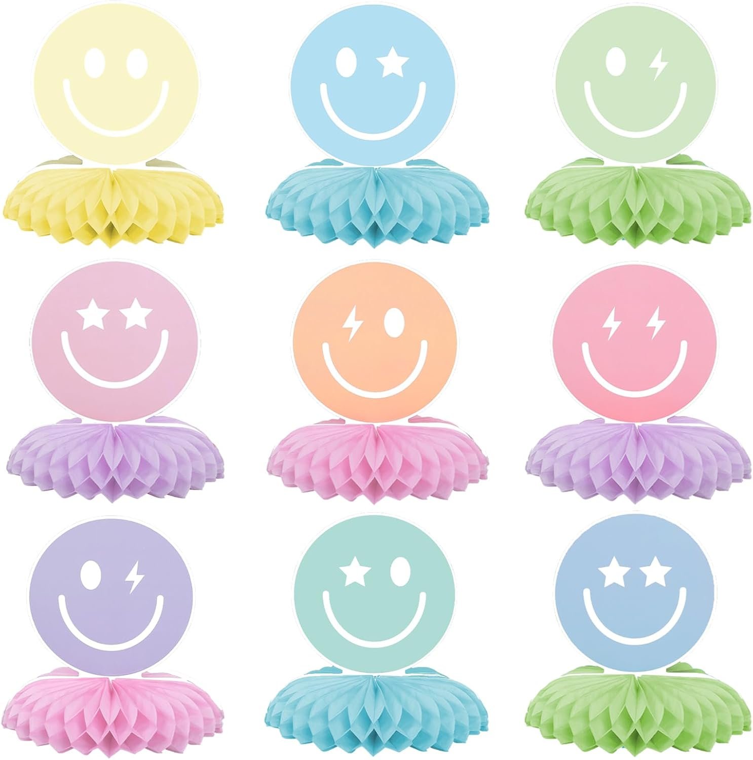 Whaline 9Pcs Smile Face Honeycomb Centerpieces Pastel Smile Face Tabletop Signs Cute Tiered Tray Decor for Birthday Bachelorette Party Home Kitchen Table Decor