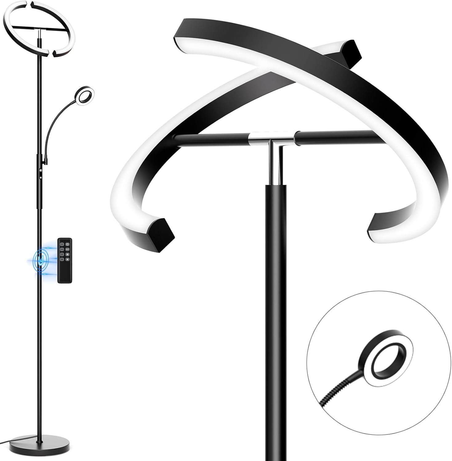 SIBRILLE LED Floor Lamp for Living Room – Modern Standing Lamp with Reading Light, Remote Touch Control Floor Light Dimmable Mother-Daughter Tall Bedroom Lamp for Couch Office, 29W, Black