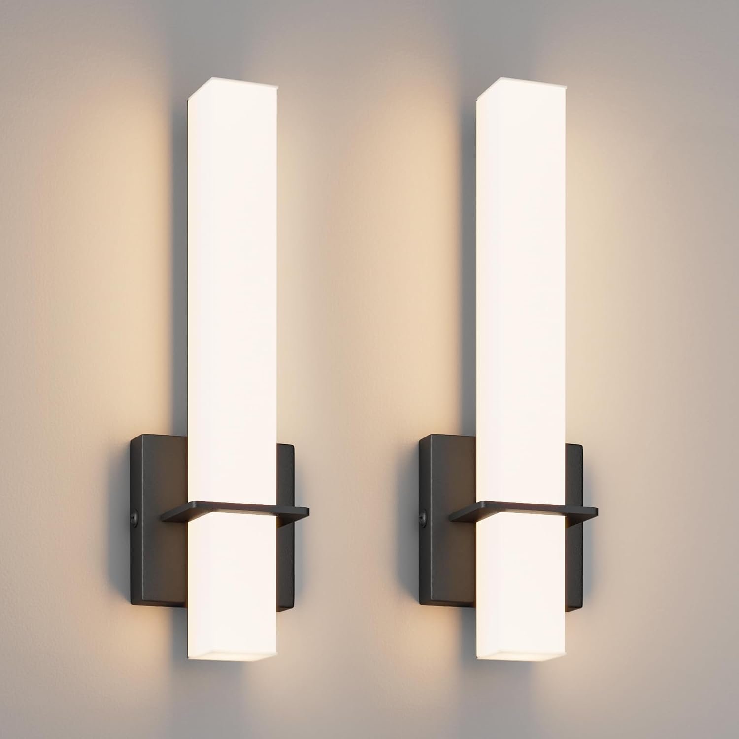 15.7inches Modern Led Wall Sconces,18W 3000K 1200Lumen Bathroom Vanity Wall Lights with White Acrylic Lampshade,Indoor Hardwired Wall Lamp for Bedroom Living Room(Black,2-Pack)