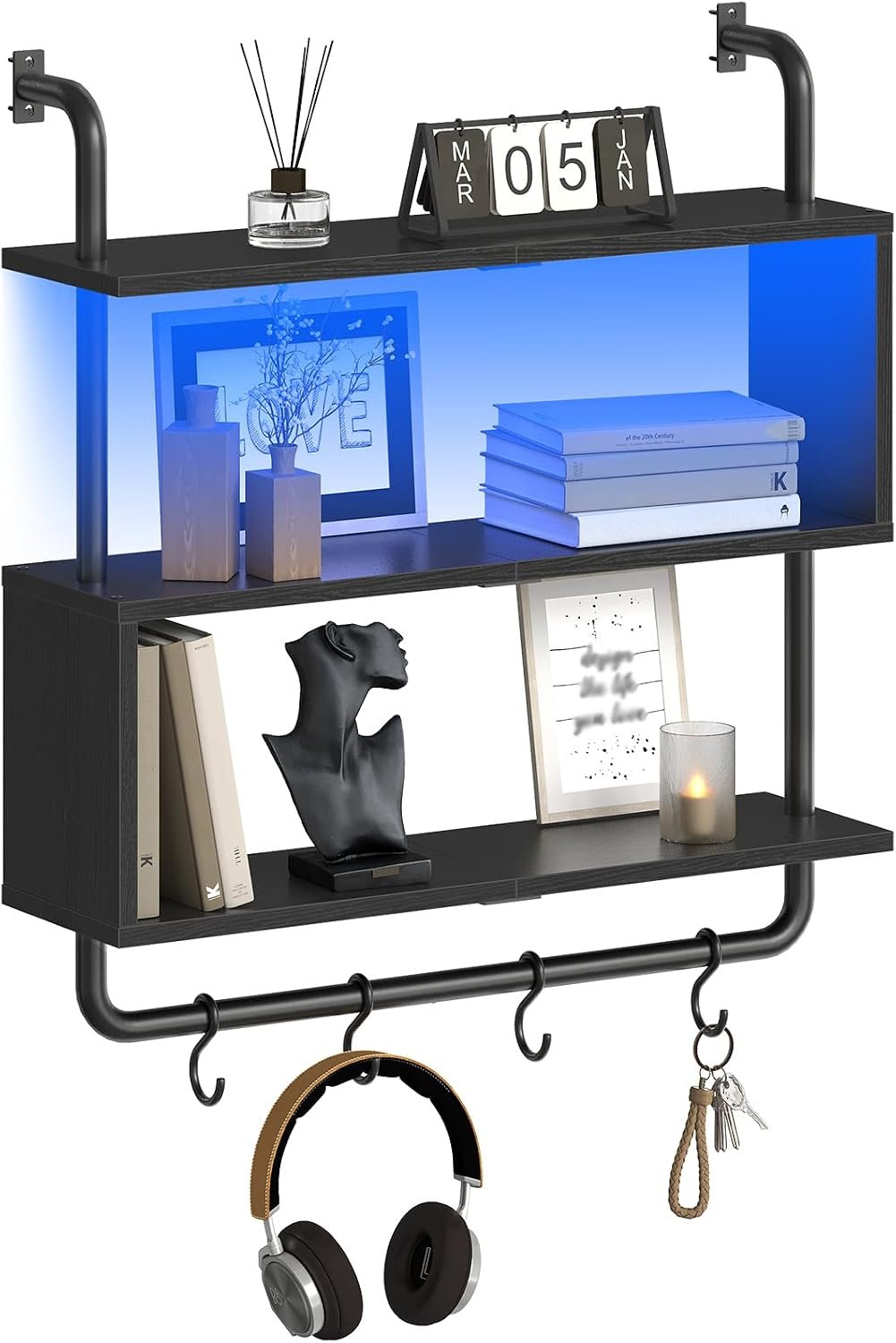 HOOBRO Floating Shelves with LED Lights, 29.5″ LED Wall Mounted Gaming Shelf, 3-Tier Pipe Display Rack with Hanging Rod and 4 S-Hooks, for Storage Livingroom, Bedroom, Kitchen, Black BB21DBJ01
