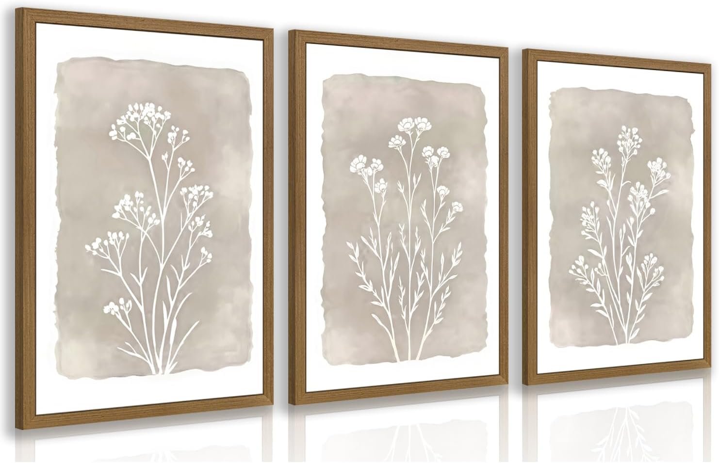 Grajoy Wood Framed Vintage Floral Wall Art Set of 3, Minimalist Wildflower Plant Wall Decor, Boho Beige Line Flower Poster Print, Farmhouse Nature Neutral Canvas Painting for Living Room 12×16 Inch