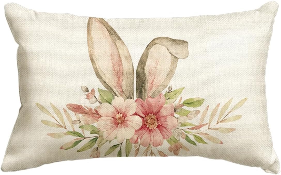 AVOIN colorlife Happy Easter Throw Pillow Cover, 12 x 20 Inch Rabbit Spring Flower Holiday Party Cushion Case Decoration for Sofa Couch