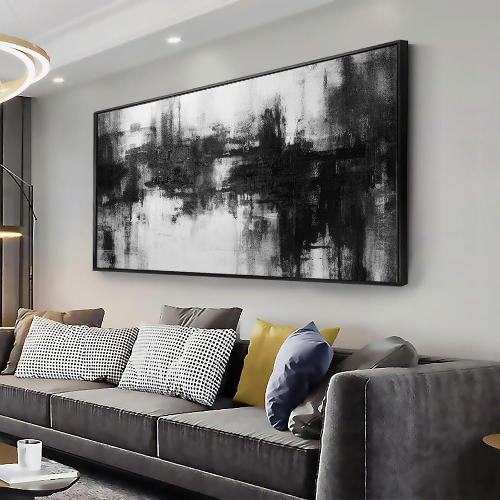 Abstract Wall Art Small Size Framed Home Artwork Decor Black and White Modern Minimalist Canvas Painting Living Room Decor for Bedroom Office Wall Decor 20″x40″