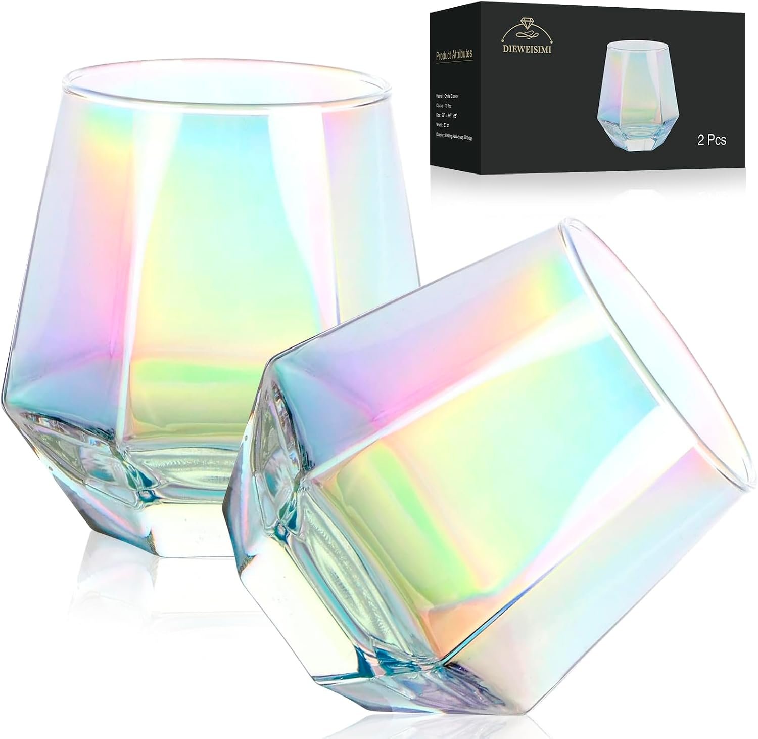 Wine Glasses Set of 2, Diamond Stemless Wine Glasses – Iridescent Glassware