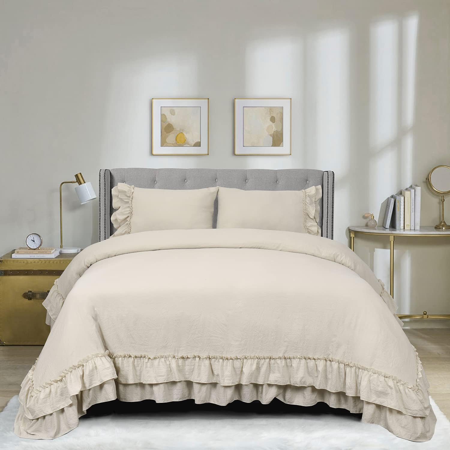 HIG 3 Piece Farmhouse Ruffled Duvet Cover Set Queen, Camel Vintage Duvet Cover with 2 Rows of Handmade Ruffle, Solid Washed Microfiber Bedding Cover for Bedroom – 1 Duvet Cover, 2 Shams (HANS)