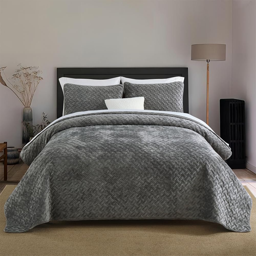Liians Velvet Bedspread Quilt Coverlet Bedding Sets, Grey, Queen Size | Luxury Elegant Soft Velvet, Weave Stitching Pattern Cotton Quilted Coverlet Blankets, All Seasons