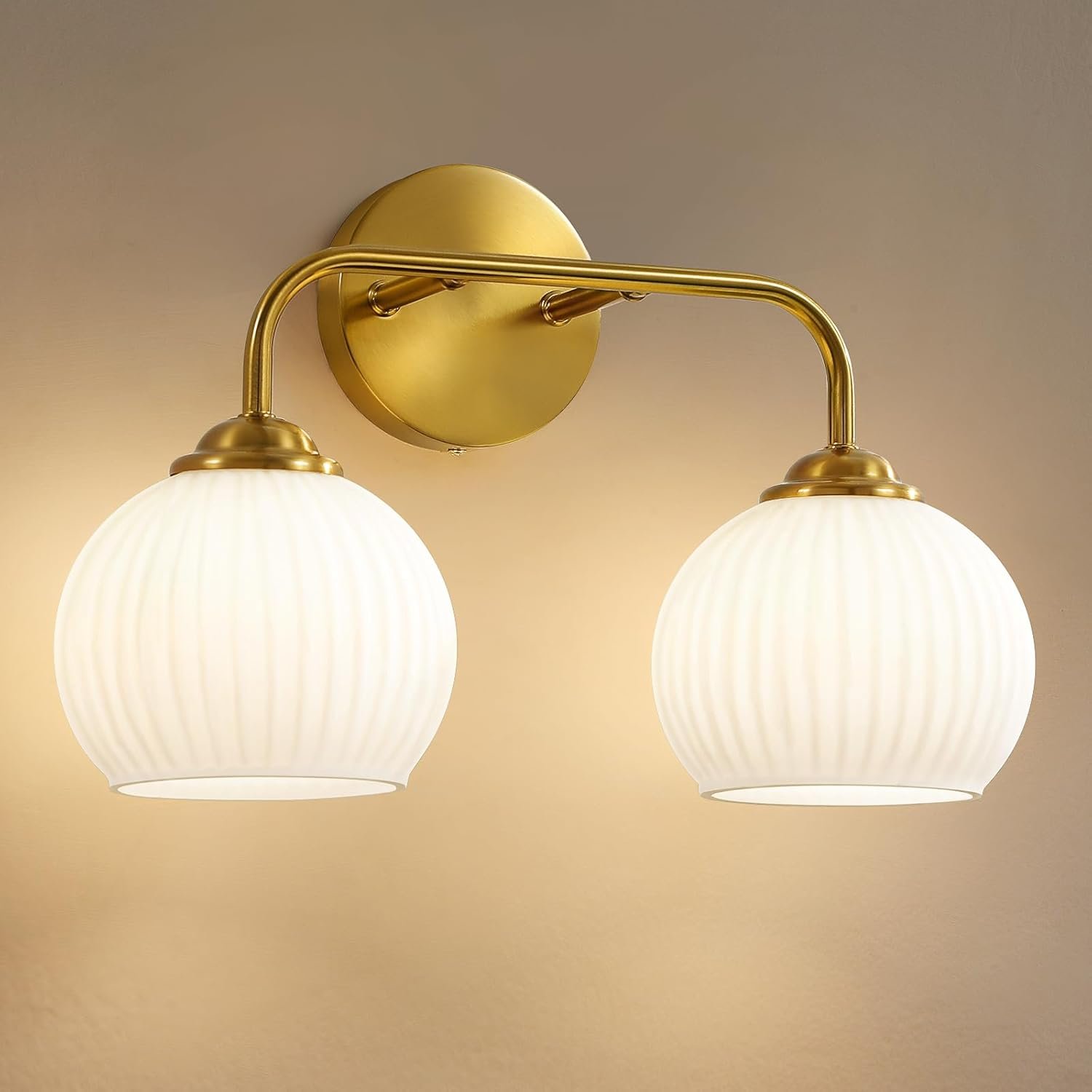 RUIYEY Bathroom Vanity Light Fixtures: 2-Lights Gold Bathroom Lighting Fixtures Over Mirror, 15.9″ Mid-Century Modern Wall Sconces with Ribbed Lantern Frosted Glass Shade for Kitchen Bedroom Restroom