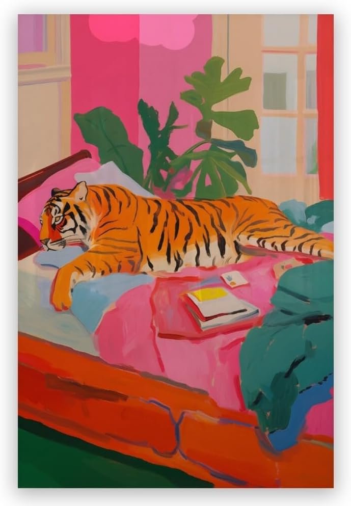 TcnBzydkij Tiger in Bed Poster Trendy Wild Animals Tiger Decor Maximalist Print Dopamine Decor Wall Art Bedroom Colorful Painting Canvas 12x18inch Unframed
