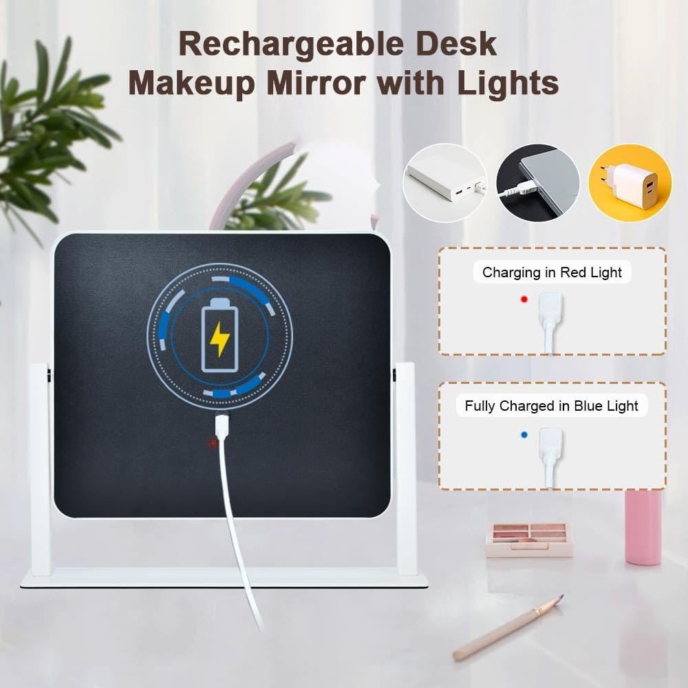 YEKKOPT Rechargeable Vanity Mirror with Lights, 10″×12″ LED Makeup Mirror, Smart Touch Control, 3 Color Lighting with Adjustable Brightness,Cosmetic Mirror for Bedroom, Vanity Desk, Beauty Routine