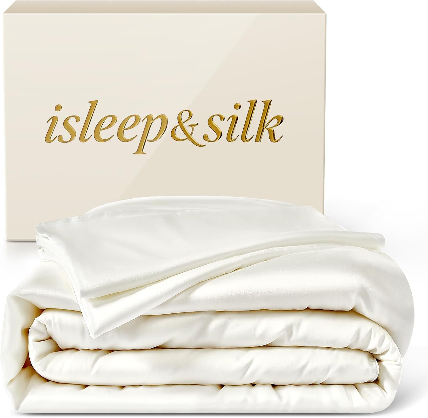 Silk Comforter Set 4 Pieces, All-Season 100% Silk Filled Comforter with Detachable Duvet Cover, Moisture-Wicking, Bedding Set with Comforter Insert, Duvet Cover, 2 Pillowcases (White, Queen)