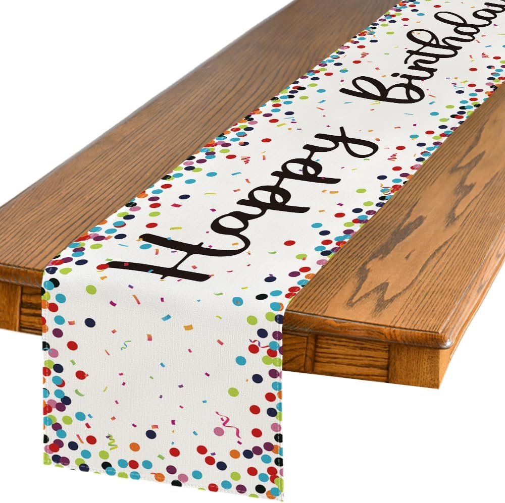 Artoid Mode Polka Dot Beige Happy Birthday Table Runner, Seasonal Kitchen Dining Table Decoration for Home Party Decor 13×60 Inch