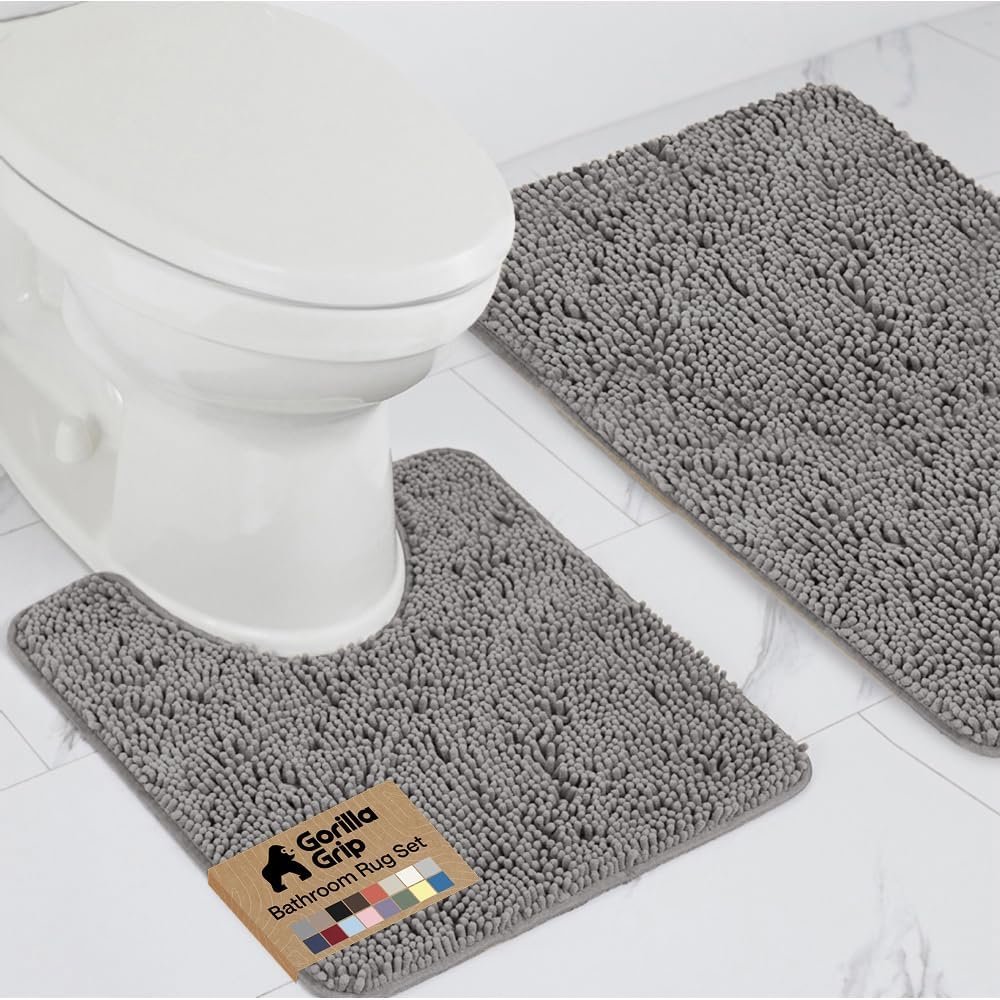 GORILLA GRIP Bathroom Rug Sets, Soft Chenille 2 Piece Area Rugs Set, Toilet Base Mat and 30×20 Carpet, Absorbent Microfiber Washable Mats Dry Quickly, Home Décor and Bath Room Accessories, Grey
