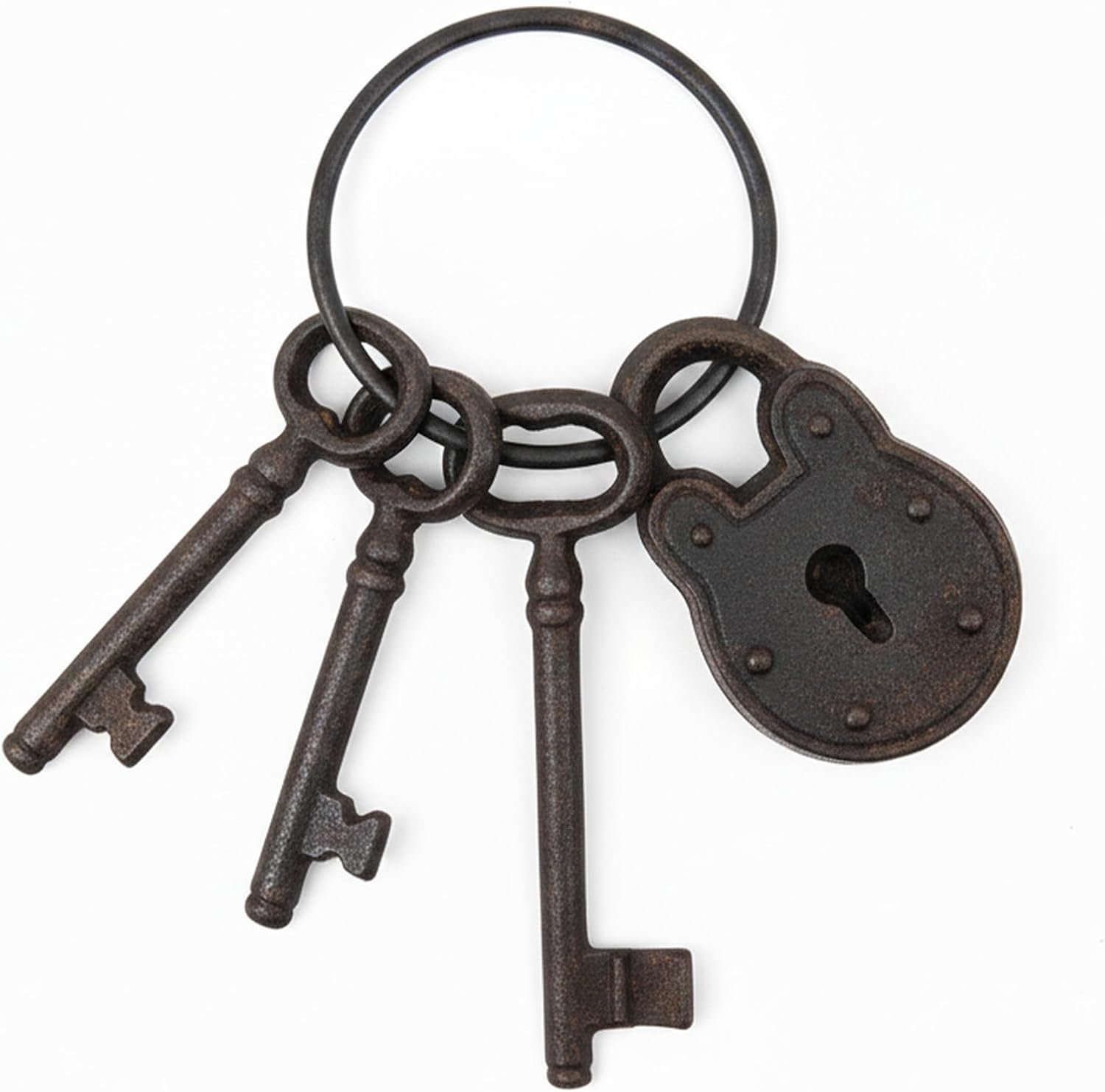 4 Pieces Vintage Cast Iron Key Set with Ring, Antique Style Keys with Lock, Rustic Metal Skeleton Keys for Halloween, Pirate Accessories, Home Decor, DIY Crafts, Photography Props, and Collectibles