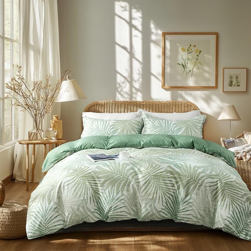 OAITE Duvet Cover Queen Size,Reversible Leaf Green Duvet Cover Set with Zipper Closure, 3 Pieces Modern Patterns Soft Microfiber Bedding Set with 4 Ties(90’’*90’’,2 Pillow Cases)