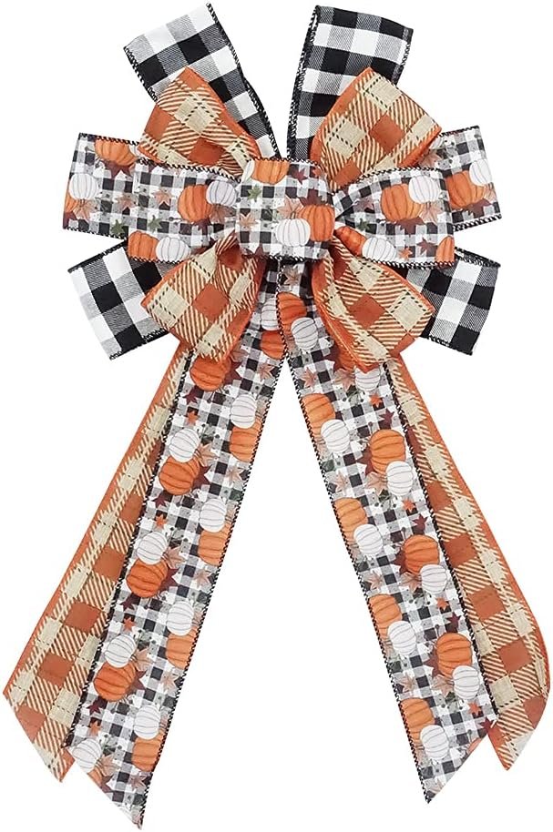 Fall Pumpkin Buffalo Plaid Wreath Bow for Autumn Thanksgiving Decor – Indoor/Outdoor Wall Decoration Supplies Ornaments